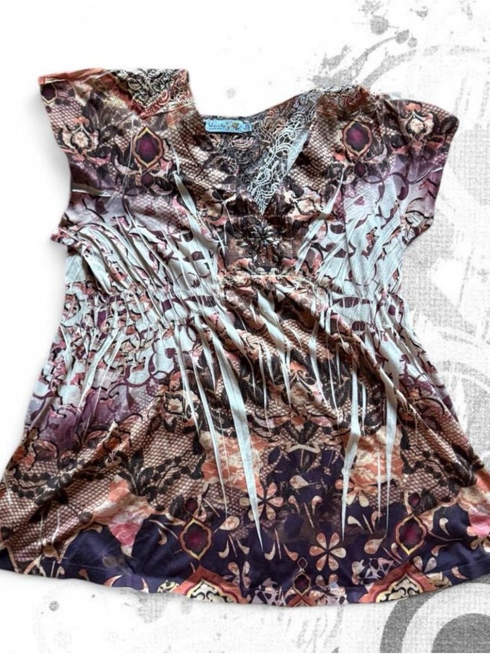 Unity World Wear Boho V-Neck Tunic in Mauve, Brown, Cream